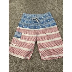 Carbon Mens Board Shorts Size 28 Swim Trunks Red White Blue‎ Stars Stripes